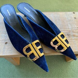 Balenciaga Women's Knife Blue Ocean Velvet Pumps Mules